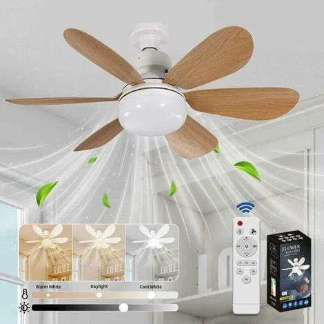 Ventilatore da soffitto con luce e telecomando, ventilatore da soffitto a LED dimmerabile con lampada integrata E27 da 40 W, 6 pale, 3 velocità, silenzioso, per soggiorno, camera da letto (effetto leg