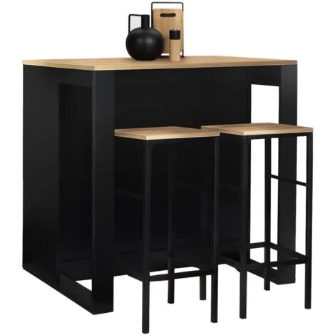 Set di tavoli da bar a isola in legno nero JUNO con piano in faggio e 2 sgabelli da bar DETROIT