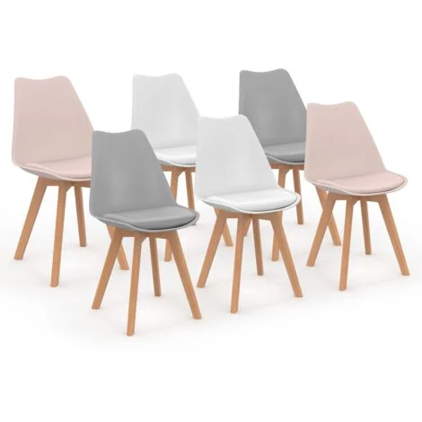 Set di 6 sedie scandinave SARA, mix di rosa pastello x2, grigio chiaro x2 e bianco x2
