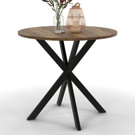 HAWKINS mesa de comedor redonda 2-4 personas con patas de araña negro y madera antigua 80 cm
