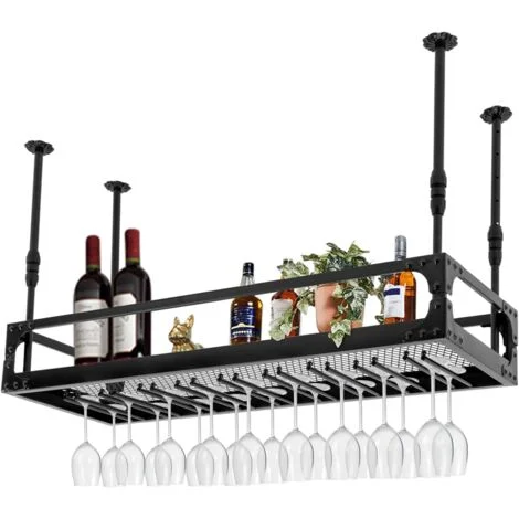 Scaffale a soffitto Portabicchieri Scaffale a soffitto appeso mensola a Muro, Portabottiglie Appeso A Soffitto Portabottiglie scaffale sospeso regolabile in altezza per Cucina, Bar e mobile base, Nero