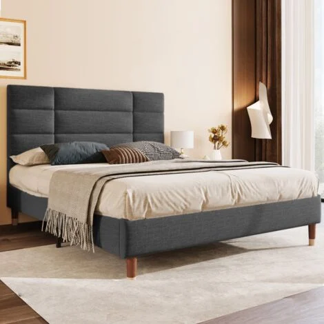 Letto matrimoniale imbottito per adulti, con rete a doghe, 140 x 200 cm, tessuto di lino grigio scuro