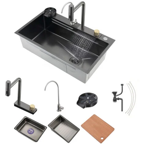 Lavello da Cucina A Vasca Singola Nano Nero 304 Lavello da Bar A Cascata in Acciaio Inox Lavandino Multifunzione Fatto A Mano con Rubinetto Estraibile Lavabicchieri（80x46cm）