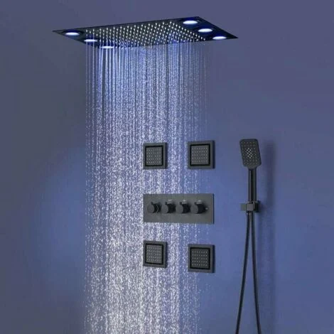 Colonna doccia multifunzione, colonna doccia nera, colonna doccia senza miscelatore, con getto laterale, asta doccia con soffione e doccetta, set doccia con luce ambiente LED colorata
