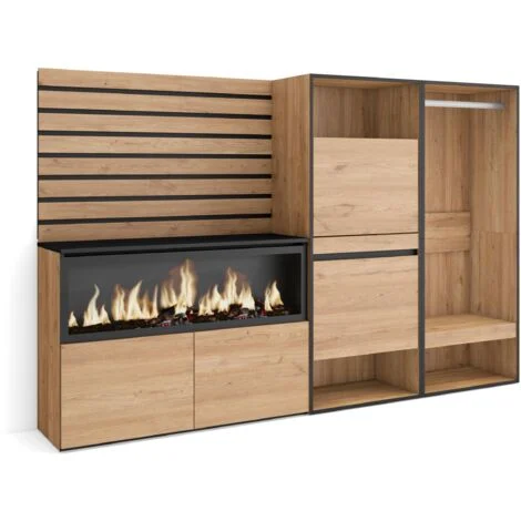 Skraut Home - Credenza, Mobile, Buffet, Stoccaggio, 227x145x35 cm, Camera da letto, stanza, Camino elettrico XXL, Scarpiera, Armadio Aperto, Stile moderno, Rovere