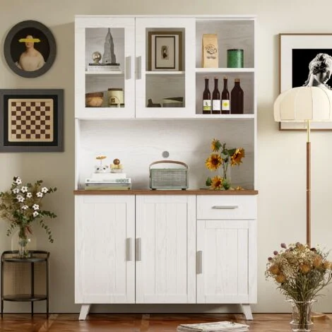 Credenze e buffet, vetrina, mobile alto per soggiorno/cucina 114 x 40 x 190 cm, più vani portaoggetti, venature del legno bianco
