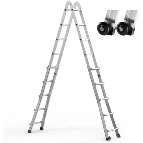 Mophorn 16.7 FT Scala Telescopica A-Frame, Scala Estensione Compatta in Alluminio, Scala Multifunzione Pieghevole per Camper per Casa, Scale, Interno/Esterno, Carico 330 libbre, Argento