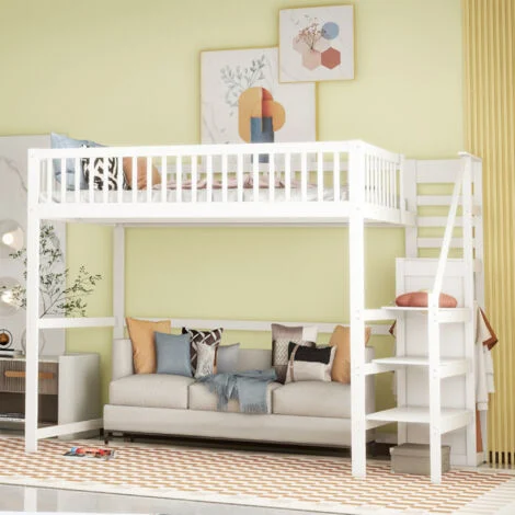 Letti a soppalco, letto per bambini, scaffale portaoggetti per scale, guardaroba semplice, in legno, bianco, 140x200cm