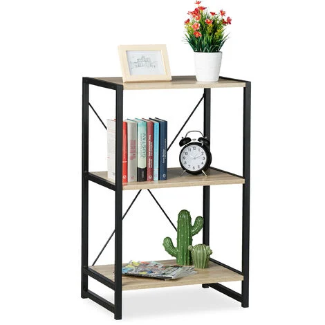 Relaxdays Scaffale in Legno Stile Industrial, Libreria Piccola con 3 Ripiani HLP: 80x50x35cm in Rovere/Metallo, Marrone