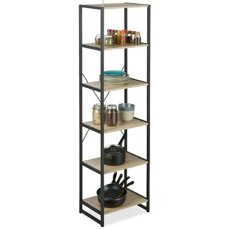 Relaxdays Scaffale in Legno Stile Industrial, Libreria con 6 Ripiani HLP: 180x50x35cm in Rovere/Metallo, Marrone