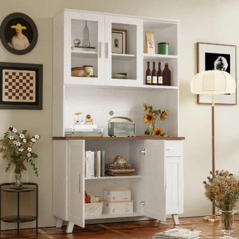 Buffet 114x40x190 con 5 porte e scaffali di stoccaggio aperti, 1 cassetto, truciolato, bianco.