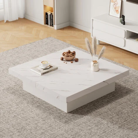 Tavolini bassi fissi 90x90x25cm tavolino salotto con 4 vani contenitore, piano scorrevole, pannello truciolare, bianco