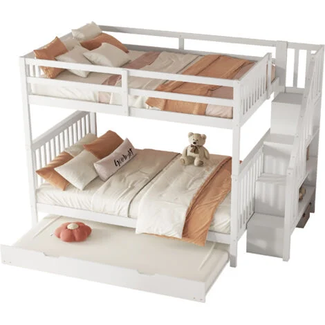 Struttura letto a castello con 4 vani contenitore e 90x190 cm letto estraibile, legno, senza materasso, bianco, letti per bambini 140x200 cm