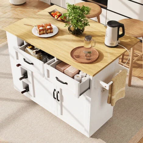 Carrello da cucina 131,5x43x90,7cm con 2 cassetti, credenza con portabottiglie, carrello da pranzo mobile con alimentatore, MDF e metallo, colore bianco e legno naturale
