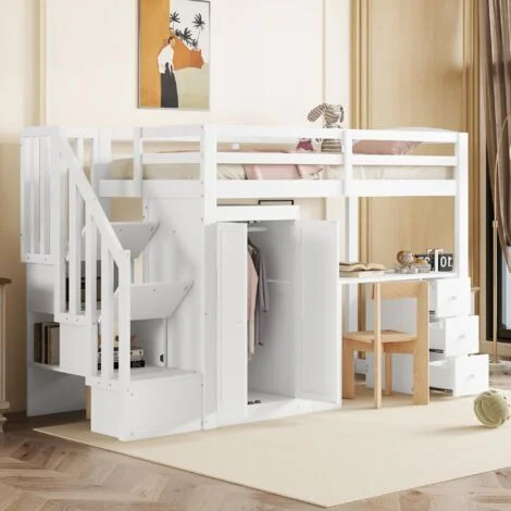 Letto a soppalco con scrivania, letto a soppalco 90x200 cm con cassetti e armadio, bianco