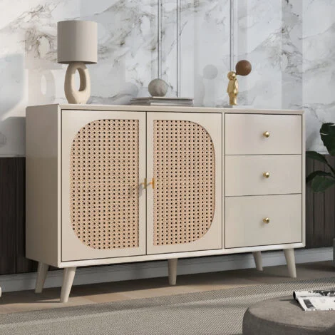 Credenza soggiorno, credenza cucina con ante in rattan e 3 cassetti, gambe in legno massello, bianco sporco
