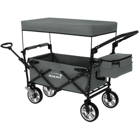 Hauki Carrello Pieghevole da Spiaggia per Bambini, Carretto a Mano per Trasporto Bimbi con Tettuccio e Borsa Posteriore, Carrello Portatutto con Parasole Grigio e Freno Ruote Anteriori, Carico 120 kg