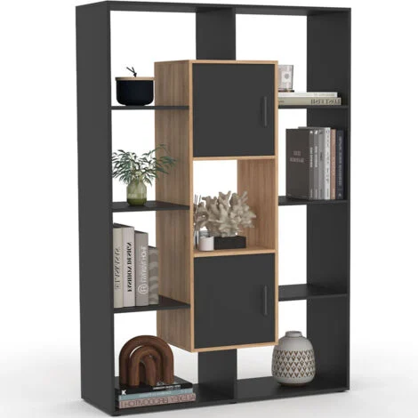 Estantería COLETTE con 11 compartimentos y 2 compartimentos negros y efecto madera H.143 cm