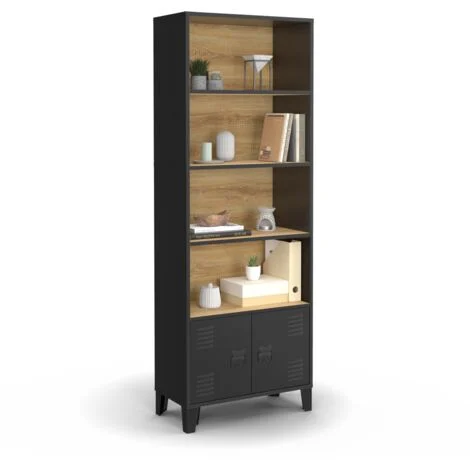 Libreria a 4 livelli con armadio ESTER con ante in metallo nero e piano in legno dal design industriale