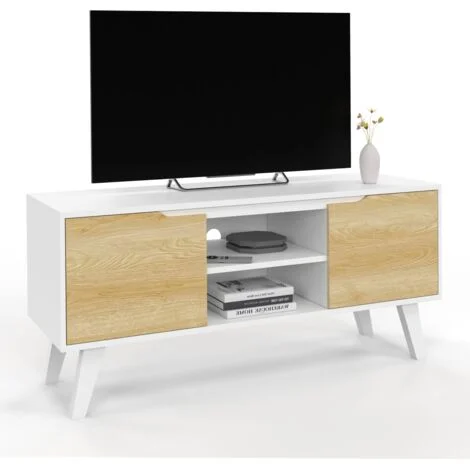 Mobile TV FINN bianco da 110 cm con 2 ante effetto faggio