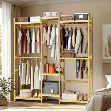 UNHO Armadio Aperto Appendiabiti Multifunzione Bambu Legno Grande Guardaroba a giorno 177x41,5x196cm