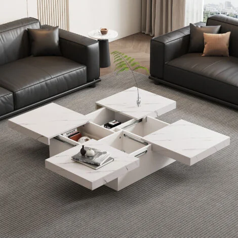 Tavolini da salotto moderno quadrato 90 x 90 x 25 cm con piano scorrevole e 4 cassetti, effetto marmo, portata 30 kg, bianco