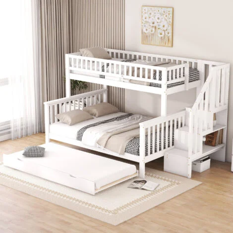 Struttura letto a castello 90x200 cm (140x200 cm) con letti estraibile, 3 letti per bambini, vano contenitore, legno, senza materasso, bianco