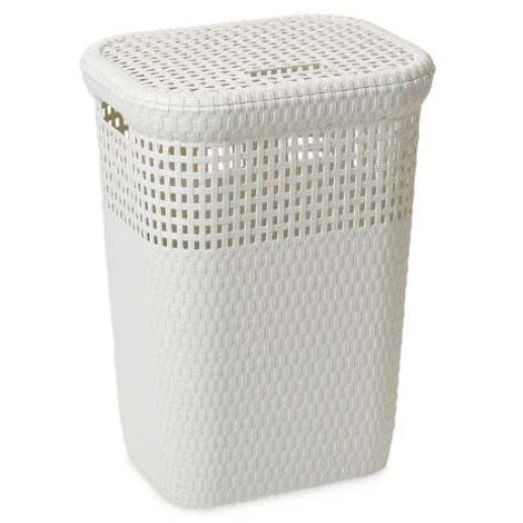 Portabiancheria In Plastica Effetto Rattan 60 Litri con Coperchio Bianco Art.439