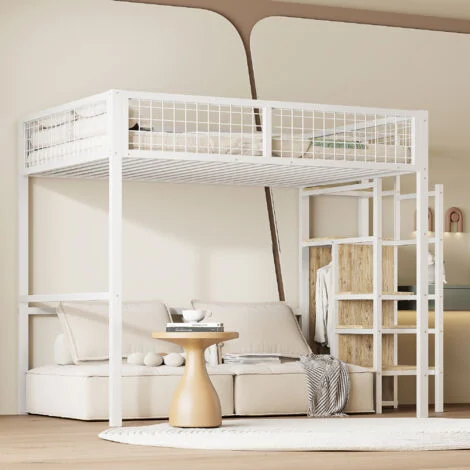 Letti a soppalco 140x200cm letti singoli adulti/bambini con armadio aperto, metallo, senza materasso, bianco