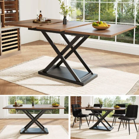Tavolo da pranzo tavolo telescopico (120-160×80cm), tavolo da pranzo estensibile, tavolo da cucina salvaspazio, gambe in ferro incrociate nere, per cucina e soggiorno, tavolo da pranzo color noce