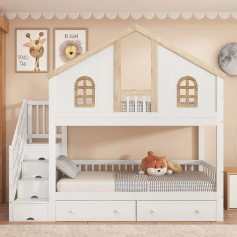 Letto a castello, letto per bambini, con griglia anticaduta in colore a contrasto, con finestra, due cassetti su ruote, con scala inclinata a quattro livelli e cassetti, pino + MDF, bianco + naturale,