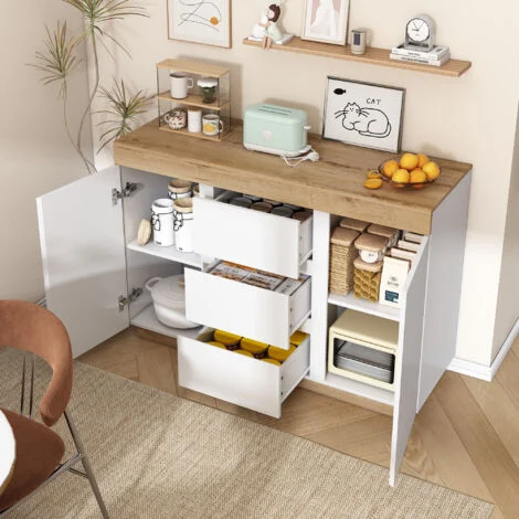 Cassettiera 120,5x40,2x82,5cm con 3 cassetti 2 ante, credenza, mobile da cucina, truciolato, bianco/naturale