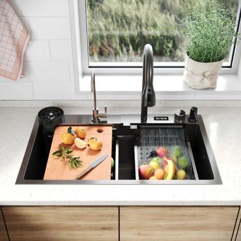 SIRHONA Lavello da Cucina da Incasso a Vasca Singola in Acciaio Inox 75x45x23 cm Con Rubinetto Estraibile a 360° Rondella a Tazza Con Indicazione Della Temperatura Adatto per Cucine