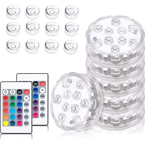 Confezione da 6 luci LED sommergibili, 10 LED 16 colori RGB con 12 ventose e 1 telecomando RF, luci per piscina impermeabili IP68 per laghetto, acquario, spa, piscina, giardino