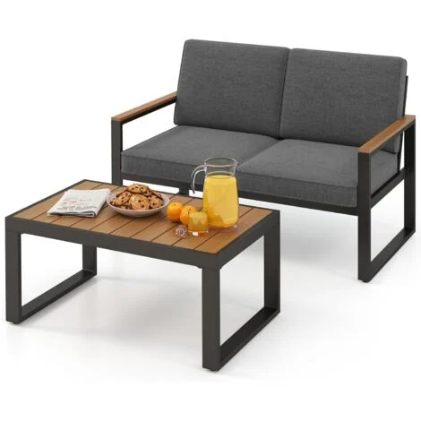 COSTWAY Set da Giardino in Alluminio a 2 Pezzi, Set Tavolino e Poltrona da Giardino, Set da Conversazione da Esterno, Divano Sezionale Imbottito con Tavolino da Caffè, per Cortile Balcone