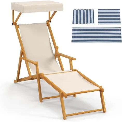 COSTWAY Sedia a Sdraio in Legno di Betulla, Lettino Prendisole da Giardino, Sedia da Spiaggia Pieghevole con Cappottina Regolabile e Rimovibile, Schienale Reclinabile e Poggiapiedi, Portata 100 kg