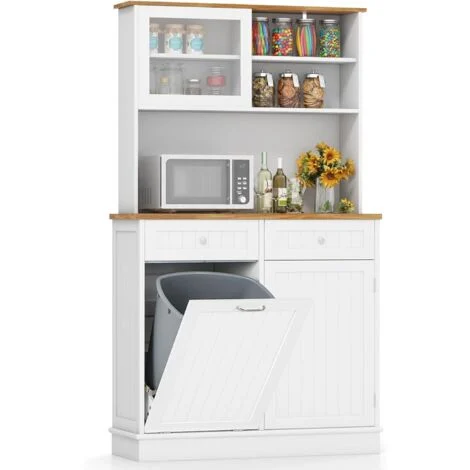 COSTWAY Credenza Alta per Cucina Porta Bidone della Spazzaturi, Mobile Cucina Dispensa con 2 Cassetti, Ante e 2 Ripiani Regolabili, Armadio Cucina in Legno di Gomma, 100 x 34 x 172 cm, Bianco