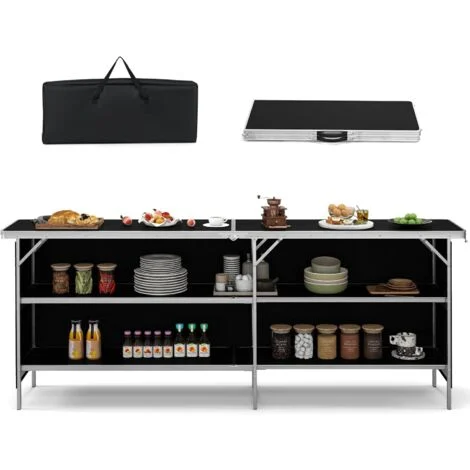 COSTWAY Tavolo da Campeggio Pieghevole, Tavolo da Picnic Portatile in Alluminio con 2 Ripiani Aperti, Tavolo da Campeggio con Borsa di Trasporto, Tavolo da Cucina Esterno per Picnic, 206 x 38 x 83 cm