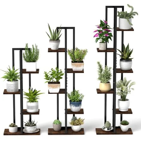 COSTWAY Set di 3 Scaffali Porta Piante da Interno ed Esterno, Scaffali per Fiori a 4/5/6 Ripiani, Porta Vasi in Legno e Metallo