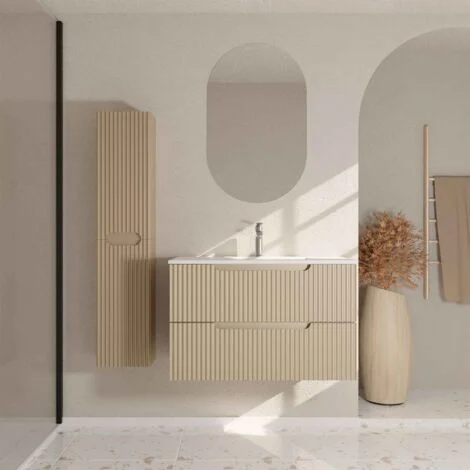 Mobile e Colonna Bagno LEON 80 cm Marrone Glacé - Frontali Ondulati - Lavabo Bianco Opaco