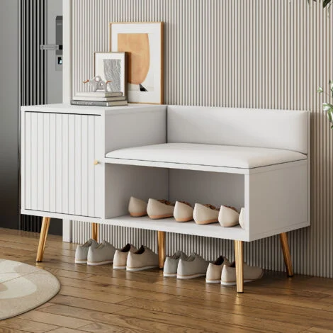 Armadio scarpiera ingresso 100x38x58cm con 1 anta, con panca portascarpe, gambe dorate, pannello truciolare, bianco