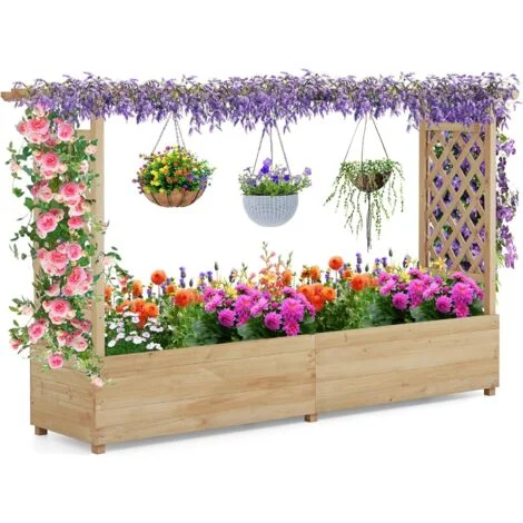 COSTWAY Fioriera da Esterno con Grigliato, Pergolato, Fori di Drenaggio, Aiuola Verticale per Piante Rampicanti, Vite e Fiore, per Giardino, Terrazzo e Balcone 200 x 44 x 114 cm (Naturale)