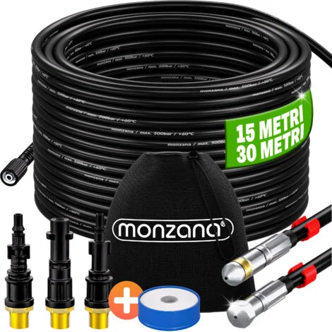 MONZANA® Tubo per Pulizia Tubature Set Premium 200bar Incl. 3 Adattatori 2 Bocchette Compatibili Idropulitrice Set universale per la pulizia dei tubi15m (de)
