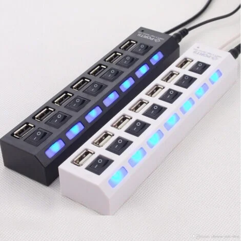 TrAdE Shop Traesio - Ciabatta Usb Multipresa Hub Con 7 Porte Usb 2.0 Nera O Bianca E Led Blu -