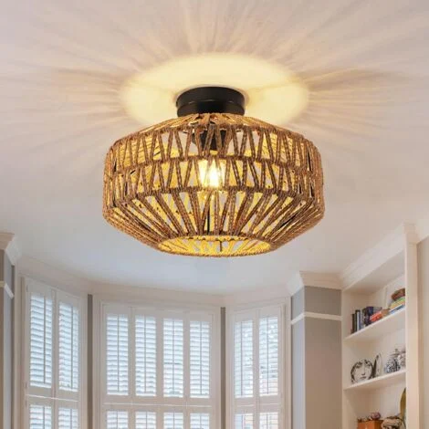 GOECO Luce del soffitto vintage E27, luce di sospensione boho in bambù intrecciato max 60w Ø30 cm, sospensione rattan per il corridoio della cucina del soggiorno