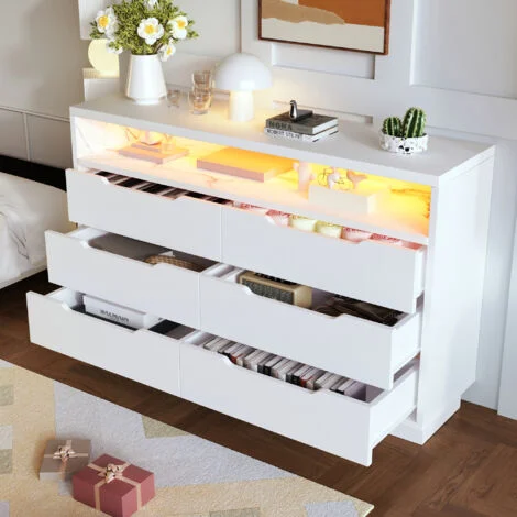 Credenza buffet madie 120x40x85cm con 6 cassetti, cassettiera, mobile cucina, LED, pannello truciolare, bianco