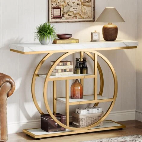 Tribesigns Tavolo consolle industriale a 4 ripiani da 104,9 cm, tavolo da ingresso con base circolare, tavoli stretti in legno con ripiani portaoggetti per soggiorno, corridoio, atrio, marrone rustico