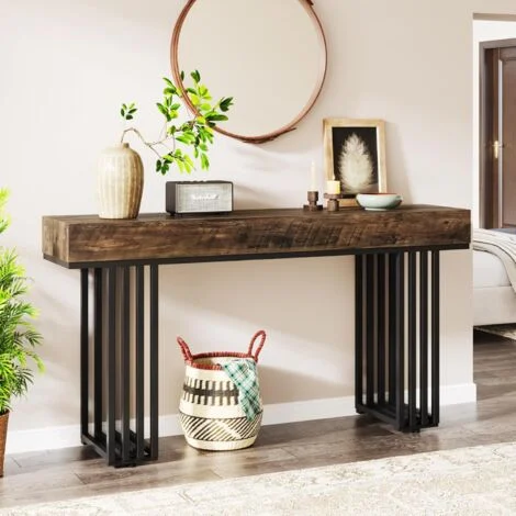 Tribesigns Tavolo console tavolo divano stretto, tavolo ingresso industriale con elegante struttura in metallo, tavolo console in legno per ingresso, corridoio, foyer, soggiorno (140cm, Marrone)