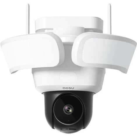 AOSU Telecamera WiFi Esterno con Fili - 3K 5MP Floodlight Cam Pro 360 Gradi Cablata, Proiettore 2600 lumen, Rilevamento AI, Registrazione 24/7, Compatibile Alexa
