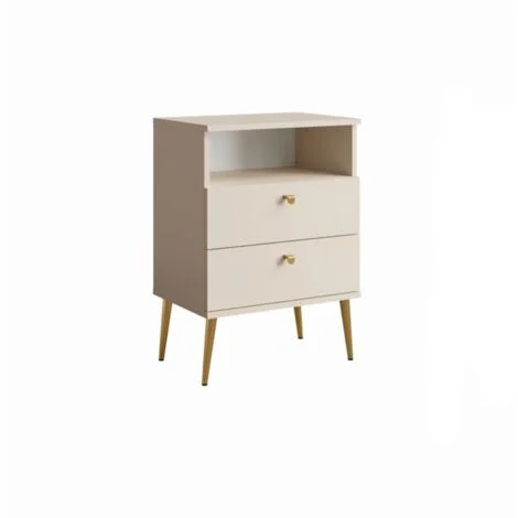 Comodino con 2 Cassetti e Vanetto - beige con piedi in metallo dorato - Collezione Aurora